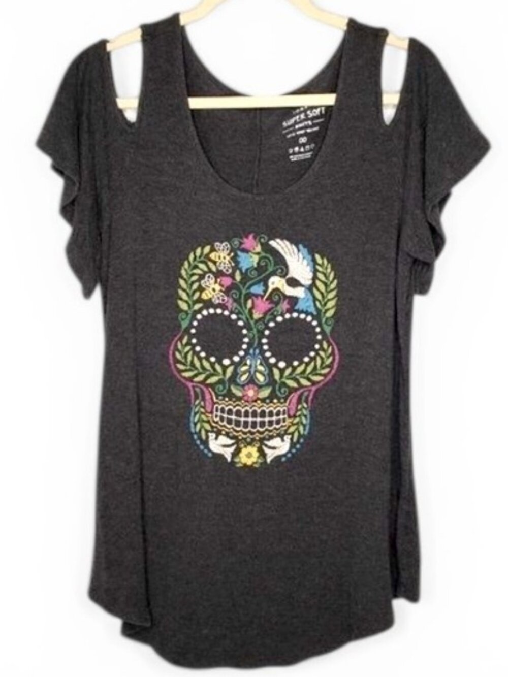 Torrid Women’s Day of the Dead Shirt Women Open Shoulder Floral Skull Doves M/L